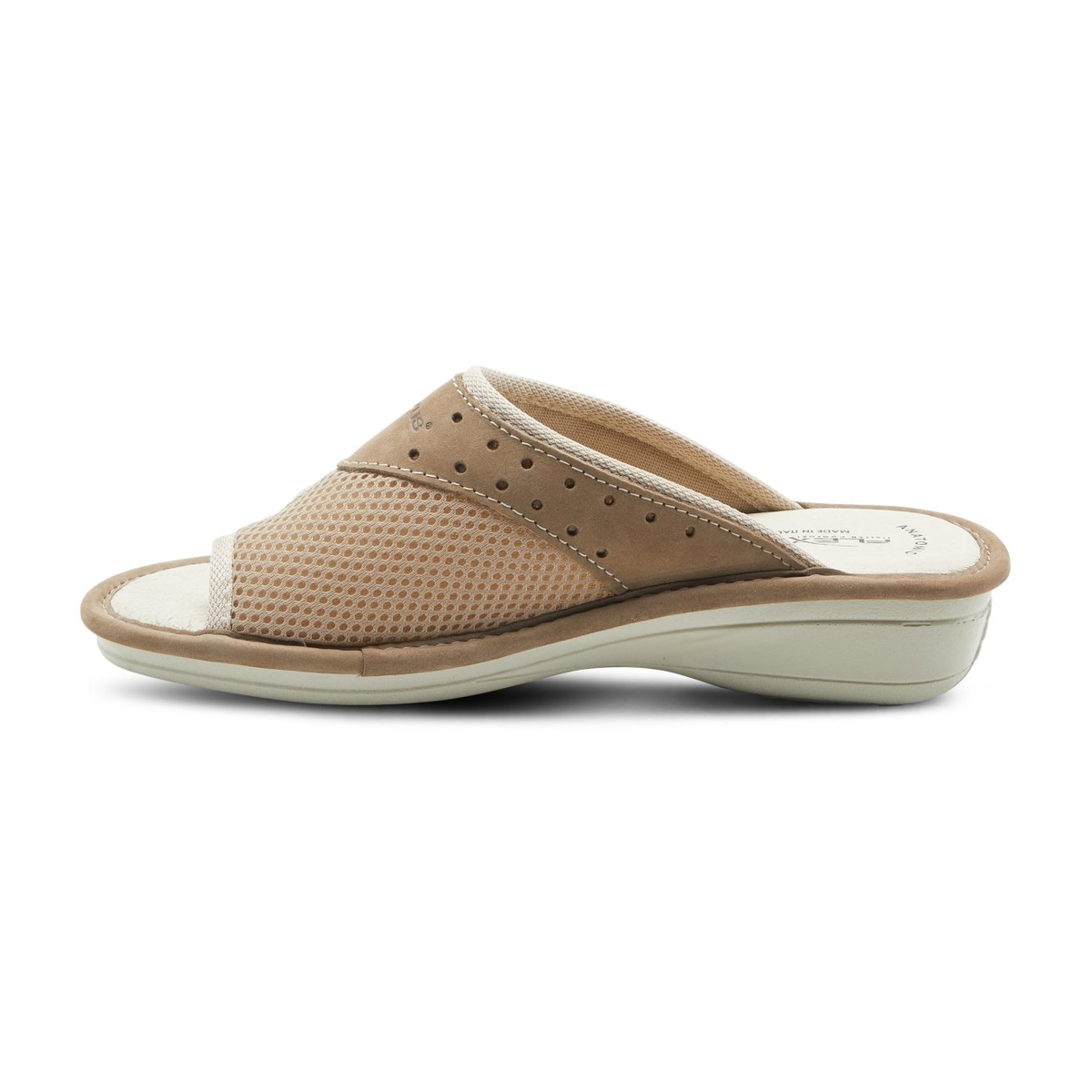 Flexus Pascalle slide sandal in beige, side view showing mesh upper