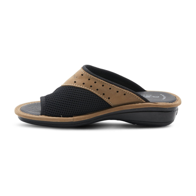 Flexus Pascalle slide sandal in black, side view showing mesh upper