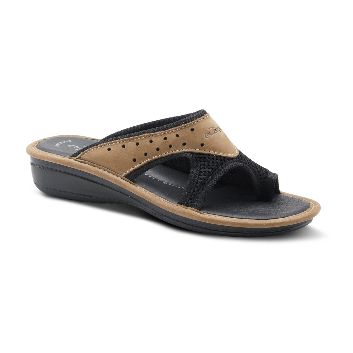 Flexus Pascalle slide sandal in black, three-quarter front view