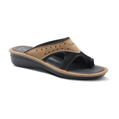 Flexus Pascalle slide sandal in black, three-quarter front view