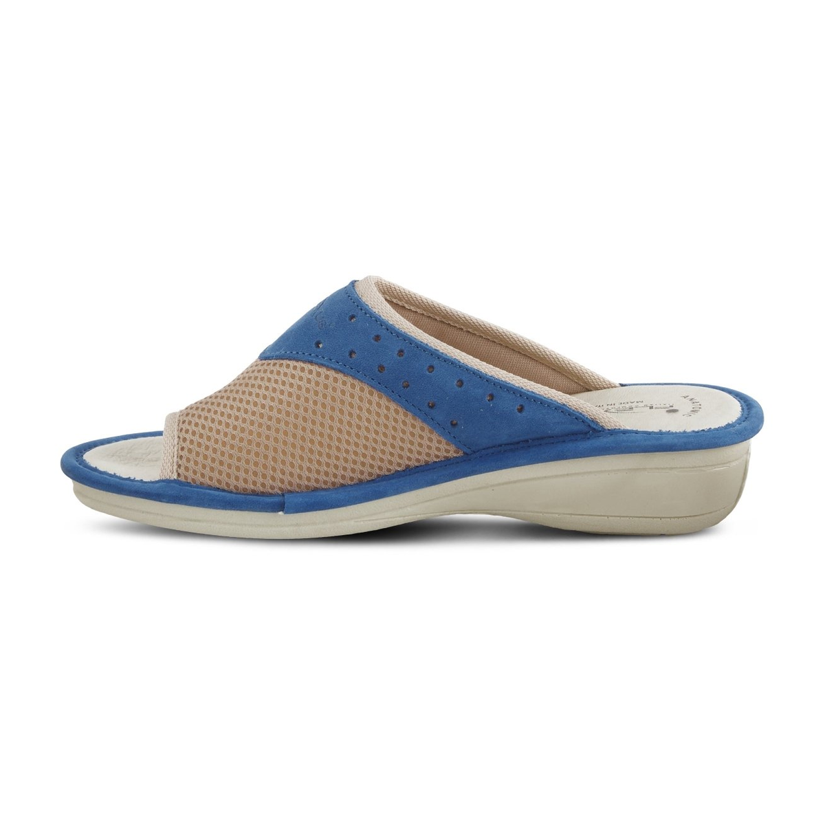 Flexus Pascalle slide sandal in blue, side view showing mesh upper