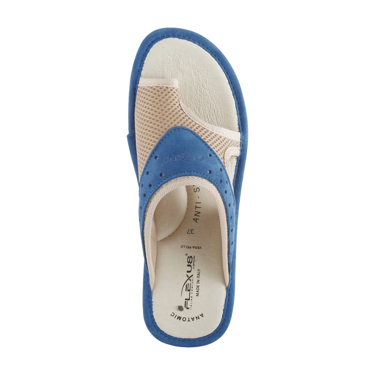 Flexus Pascalle slide sandal in blue, top view