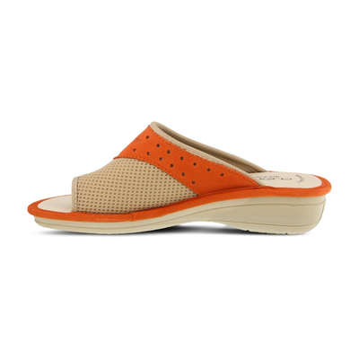 Flexus Pascalle slide sandal in orange, side view showing mesh upper