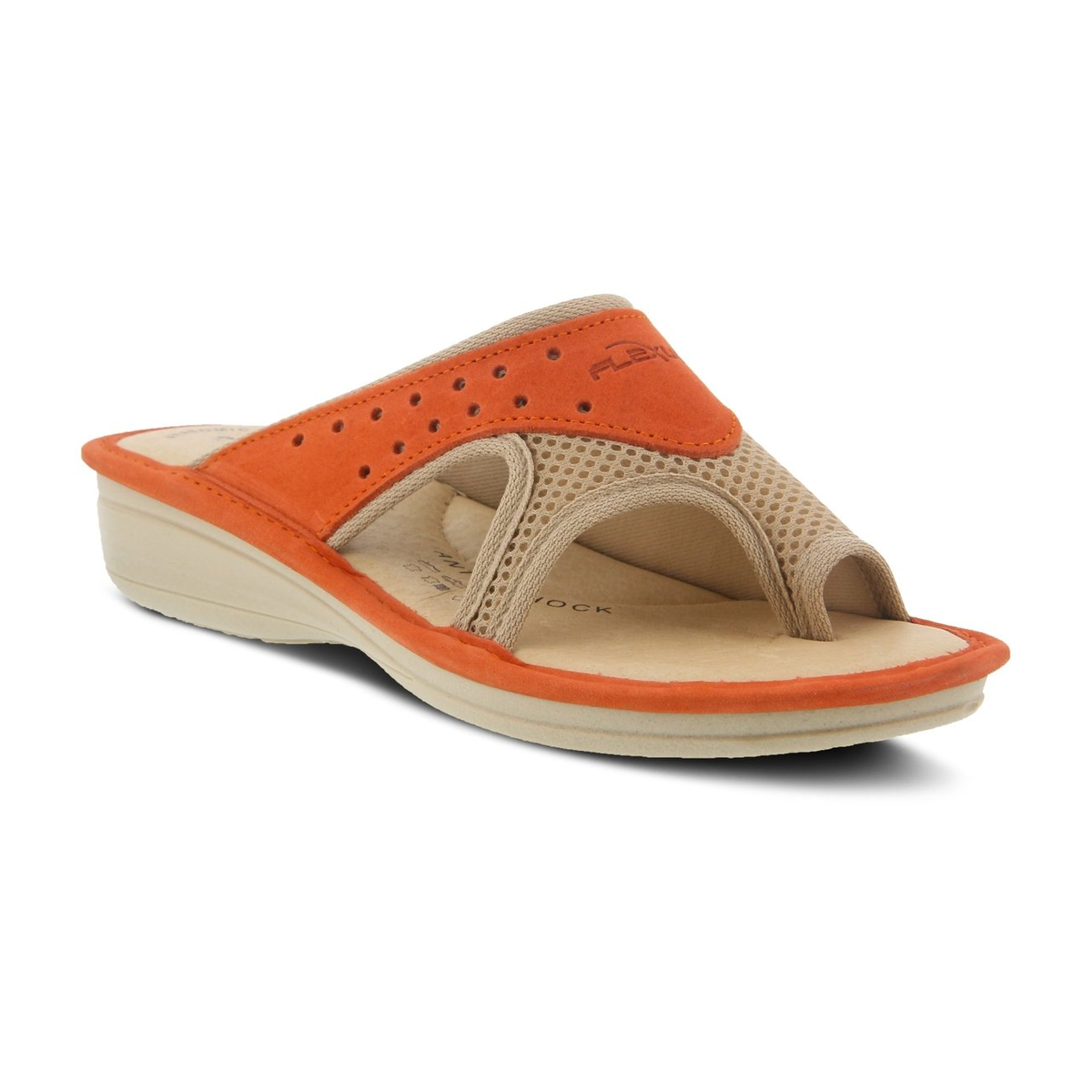Flexus Pascalle slide sandal in orange, three-quarter front view