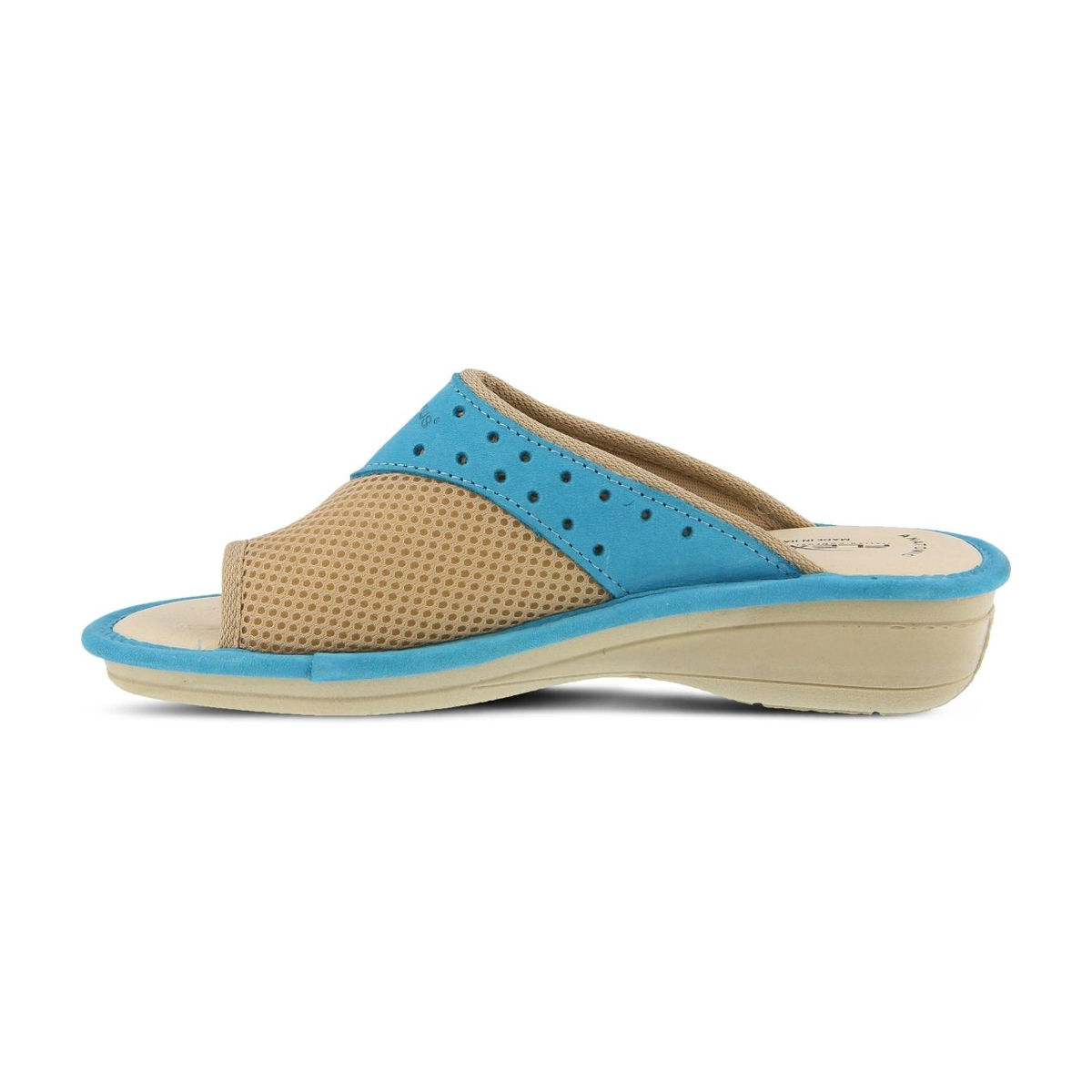 Flexus Pascalle slide sandal in turquoise, side view showing mesh upper