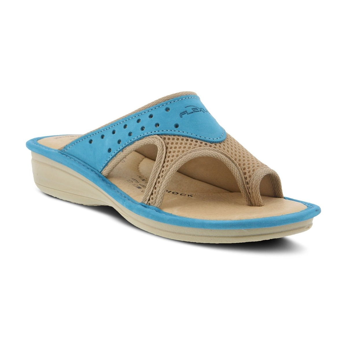 Flexus Pascalle slide sandal in turquoise, three-quarter front view