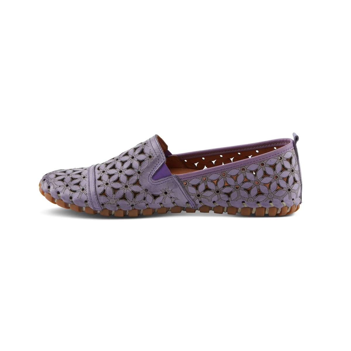 Spring Step Flowerflow Lavender slip-on shoe, opposite side view on white