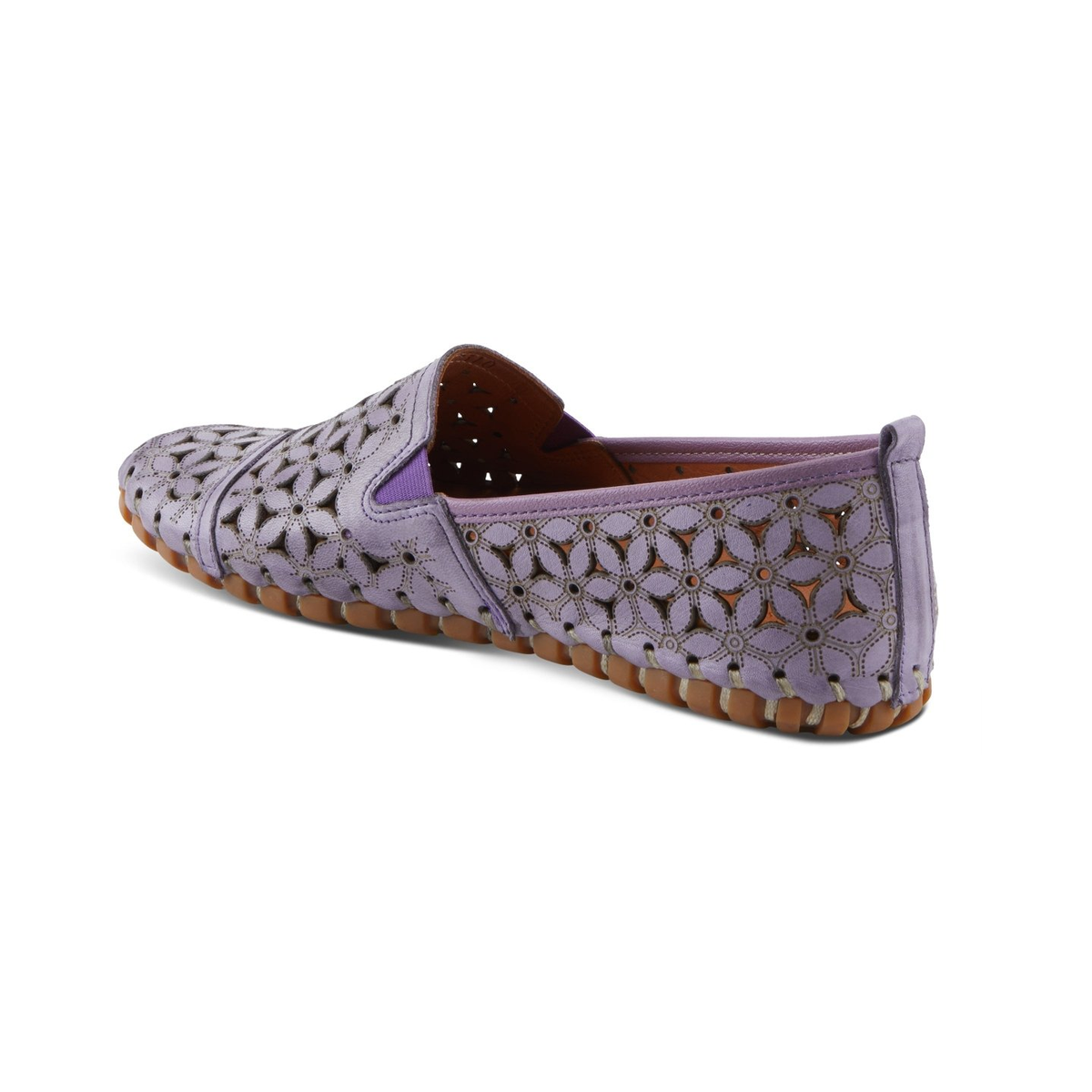 Spring Step Flowerflow Lavender slip-on shoe, rear three-quarter view on white