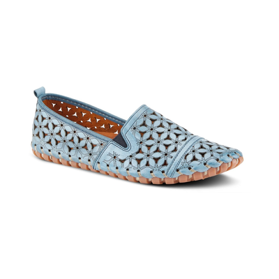 Spring Step Flowerflow Blue slip-on shoe, front three-quarter view on white