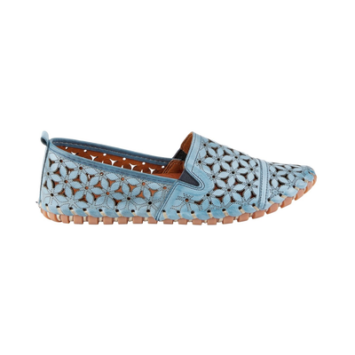 Spring Step Flowerflow Blue slip-on shoe, side view on white
