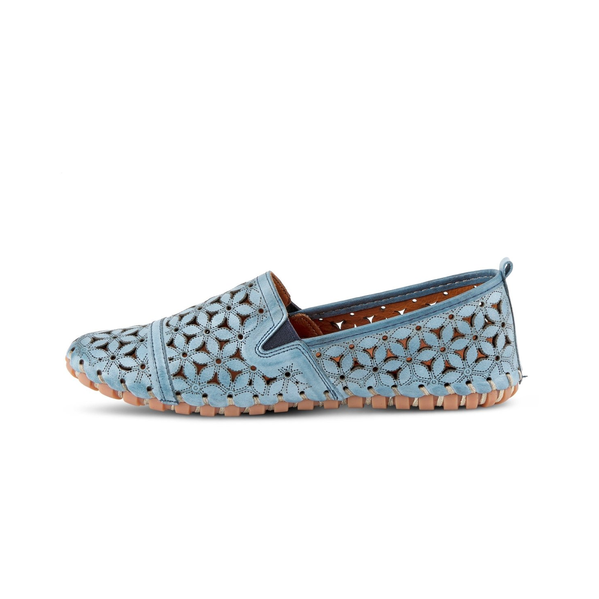 Spring Step Flowerflow Blue slip-on shoe, opposite side view on white