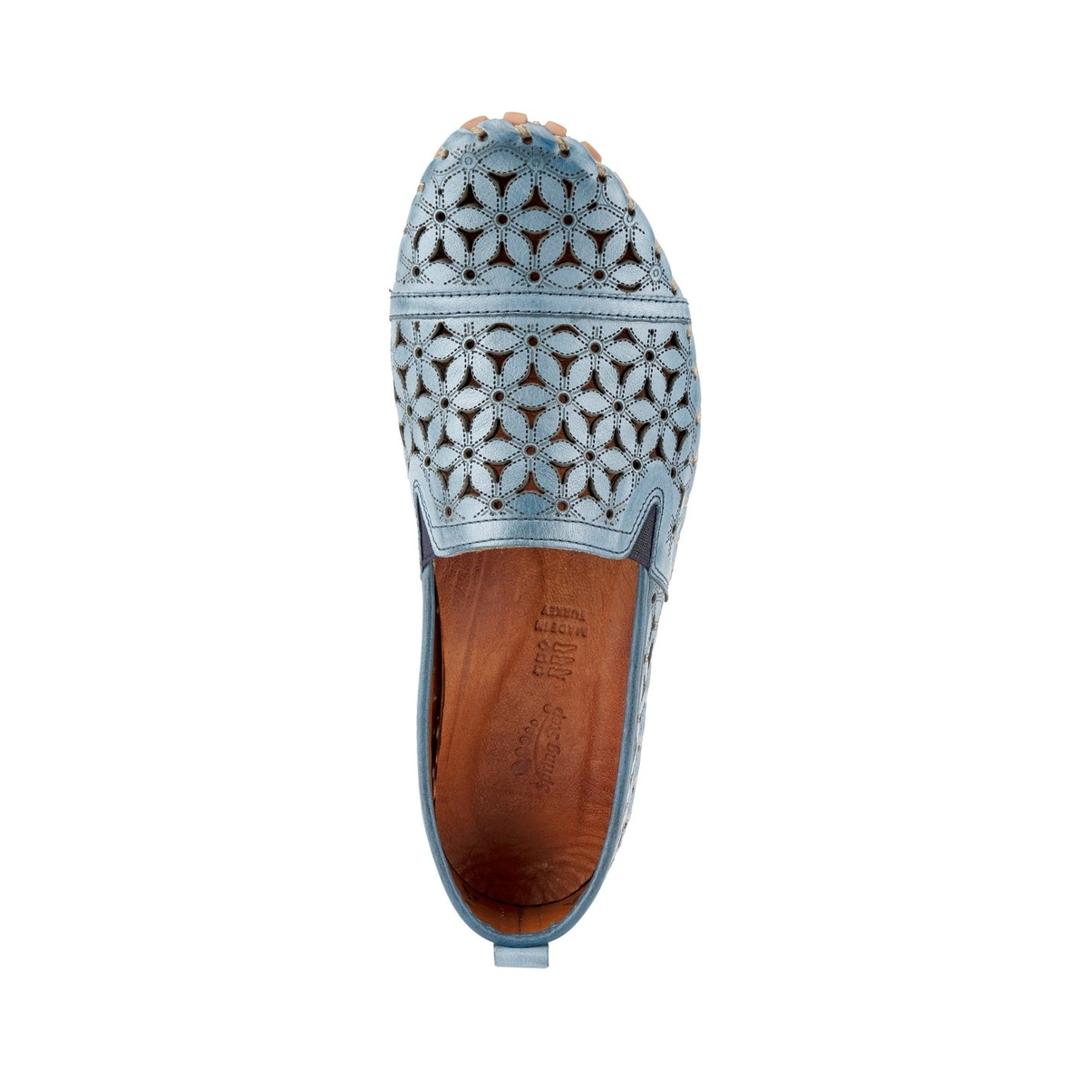 Spring Step Flowerflow Blue slip-on shoe, top view on white