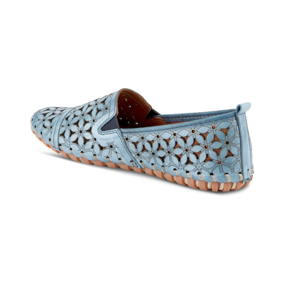 Spring Step Flowerflow Blue slip-on shoe, rear three-quarter view on white