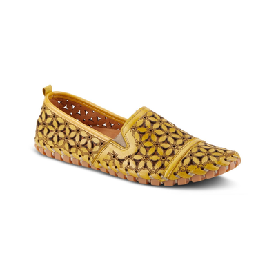 Spring Step Flowerflow Yellow slip-on shoe, front three-quarter view on white