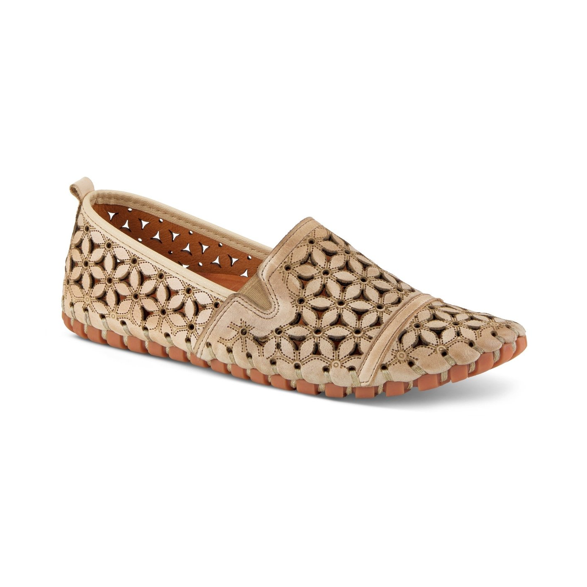 Spring Step Flowerflow Beige slip-on shoe, front three-quarter view on white