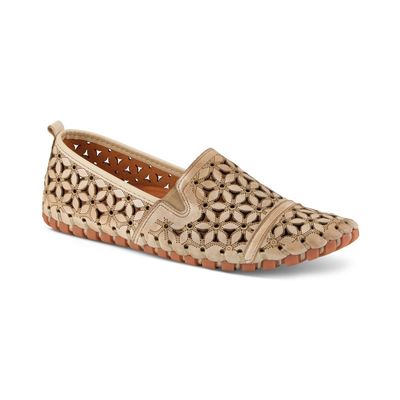 Spring Step Flowerflow Beige slip-on shoe, front three-quarter view on white