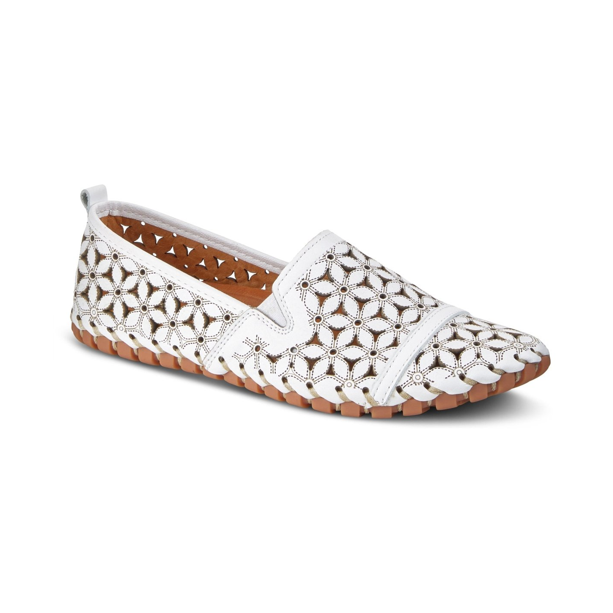Spring Step Flowerflow White slip-on shoe, front three-quarter view on white