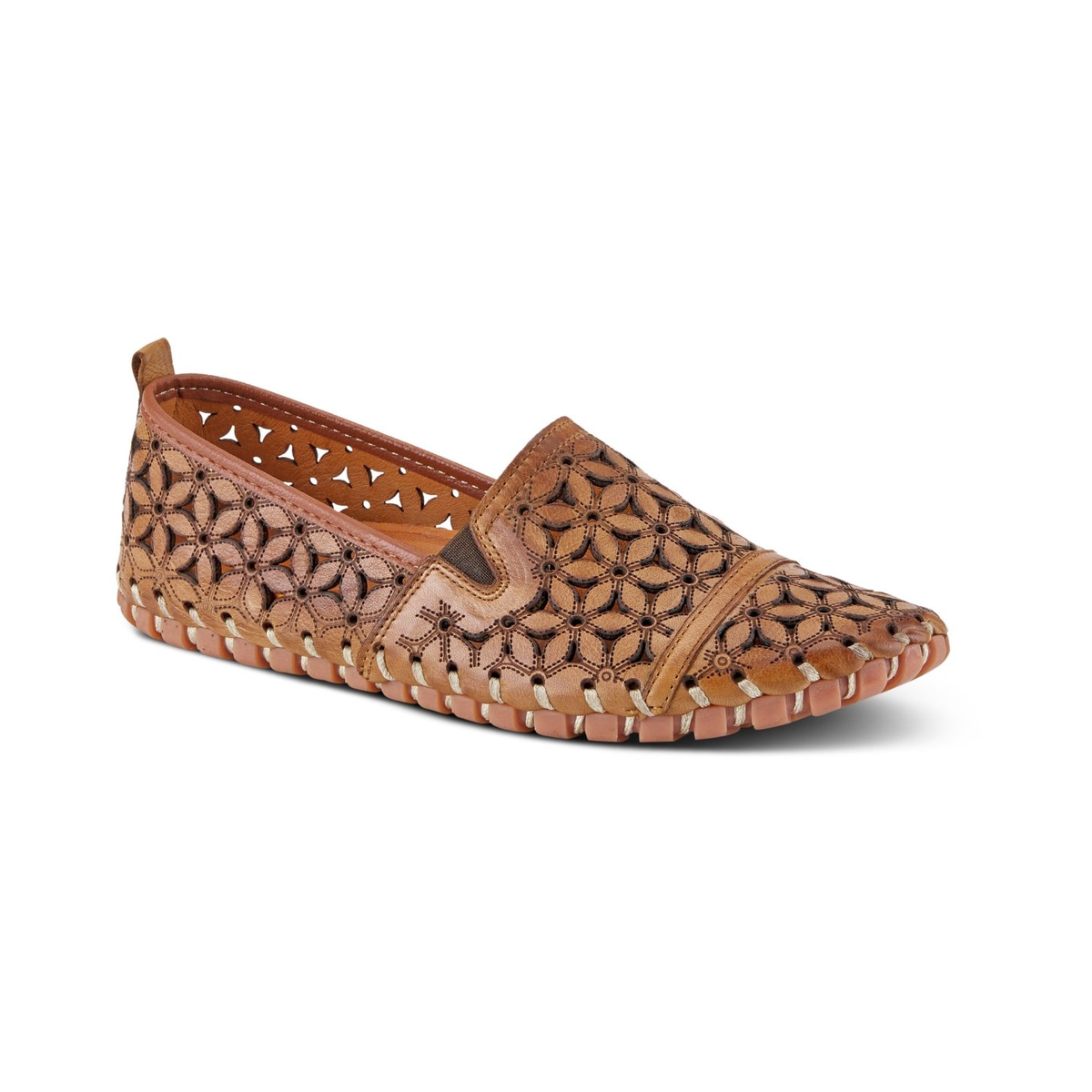 Spring Step Flowerflow Light Brown slip-on shoe, front three-quarter view on white