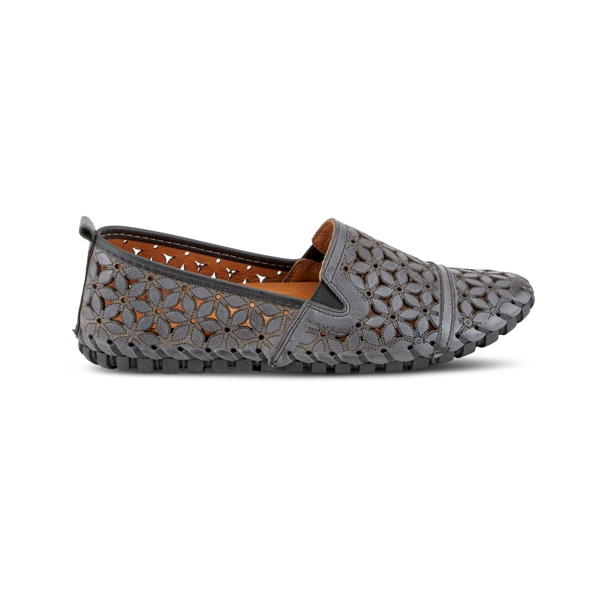 Spring Step Flowerflow Charcoal slip-on shoe, side view on white