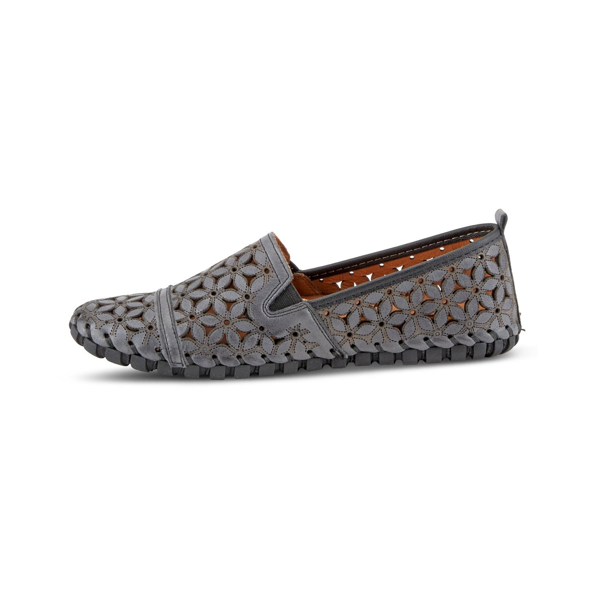 Spring Step Flowerflow Charcoal slip-on shoe, opposite side view on white