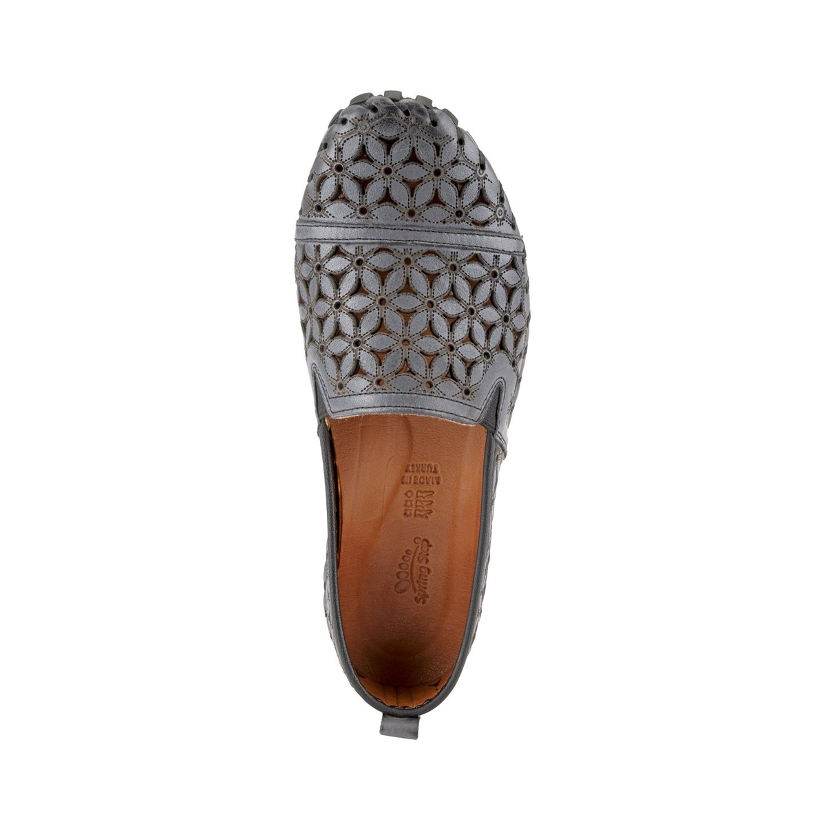 Spring Step Flowerflow Charcoal slip-on shoe, top view on white