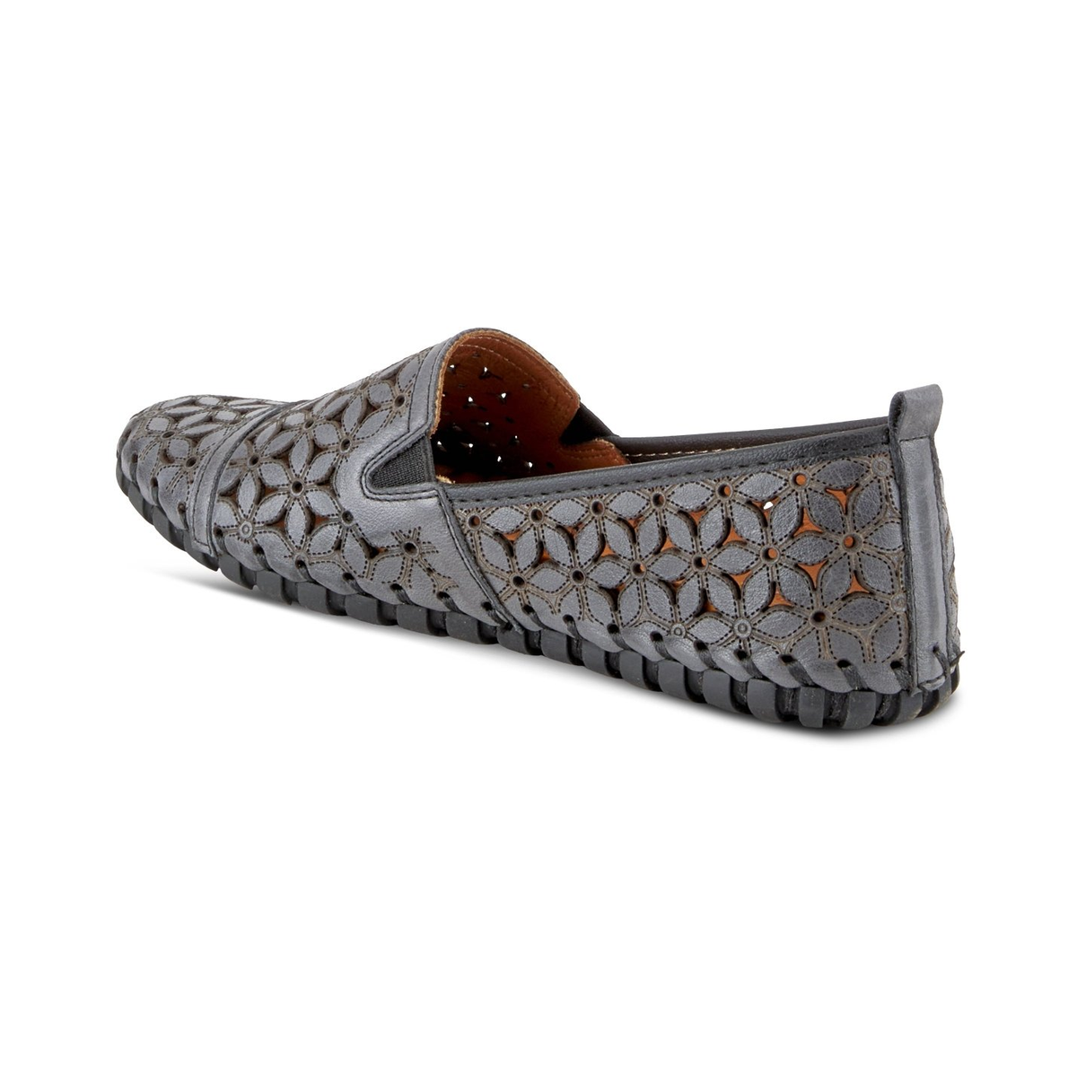 Spring Step Flowerflow Charcoal slip-on shoe, rear three-quarter view on white