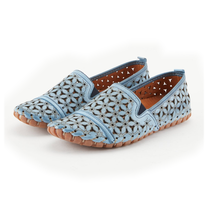 Spring Step Flowerflow women's Blue leather loafers, three-quarter pair view with floral cutouts on a white studio background
