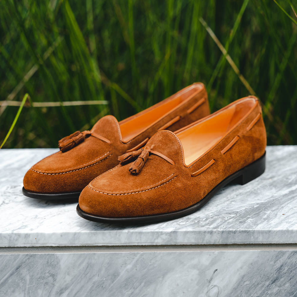 Zelli Italia 16-583-TAB FRANCO Suede Calfskin Tassel Loafer, Tobacco Top View