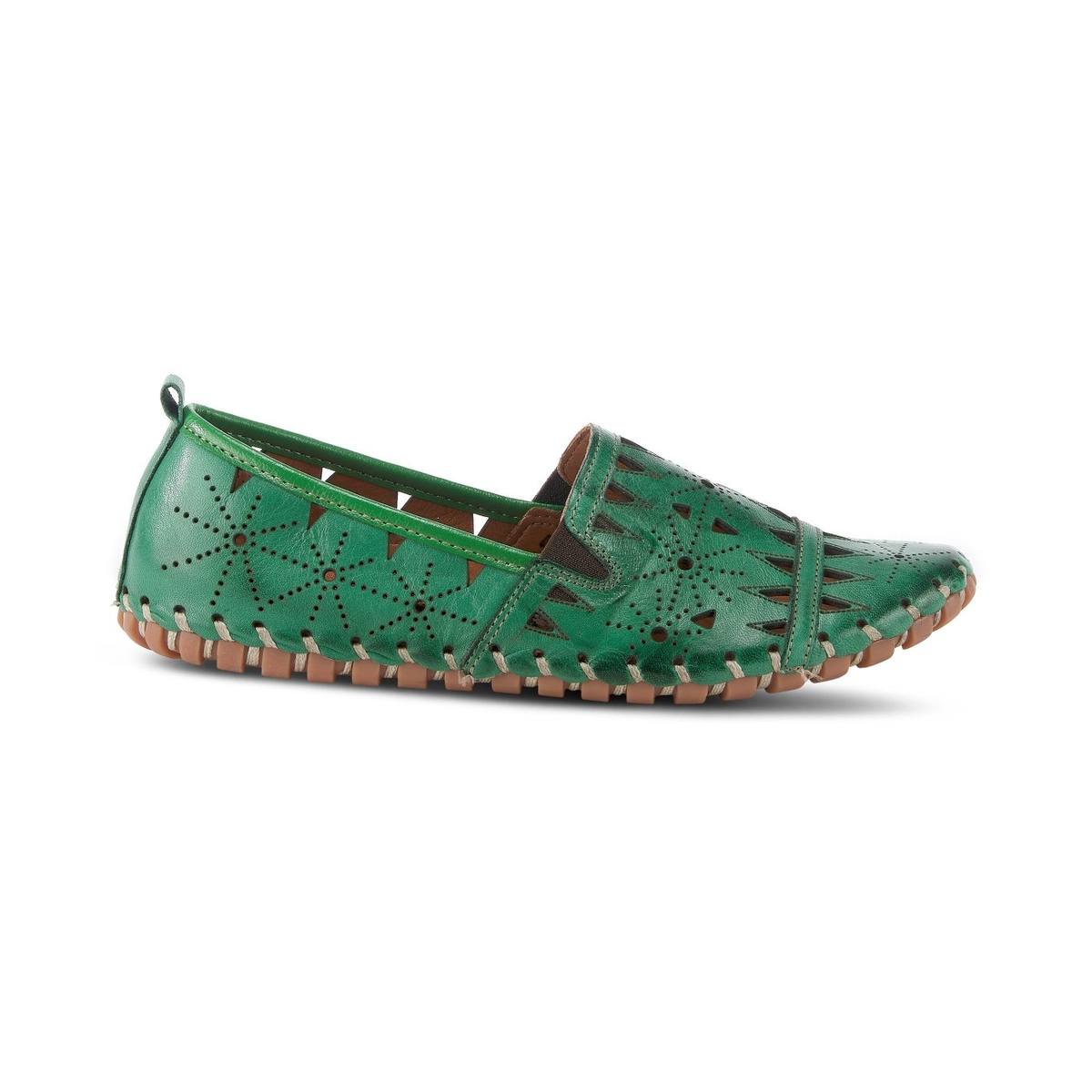 Spring Step Fusaro Green slip-on shoe, side profile on white.