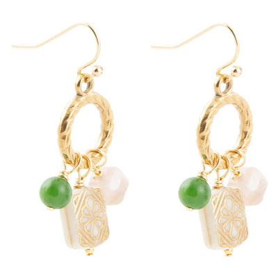 Green Jade and Pink Sunstone Golden Drop Earrings