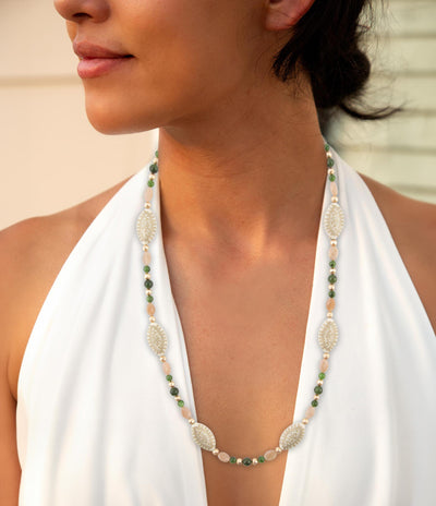 Green Jade and Pink Sunstone Golden Necklace