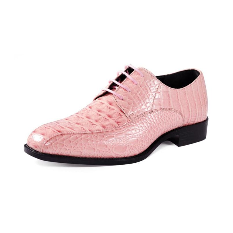 Amali Harvey pale pink lace-up dress shoe, three-quarter view showing patterned panels on white.