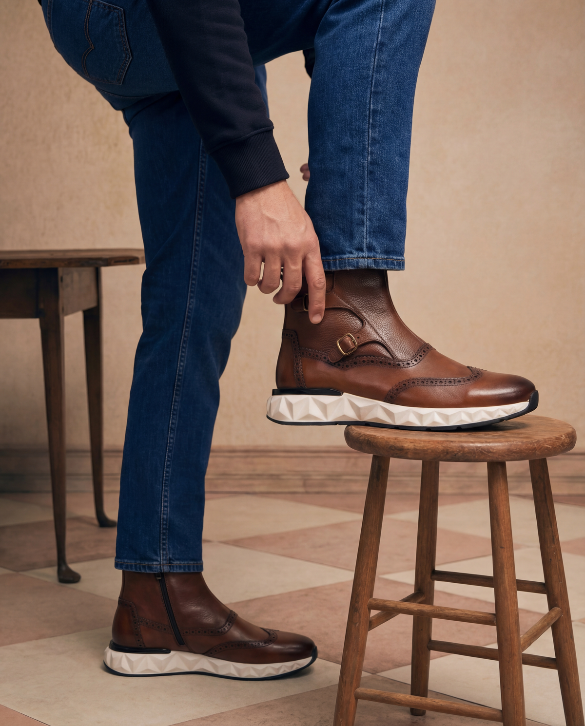Vinci Leather The Stealth Wingtip Buckle Tan Leather Men Boot – product view 12