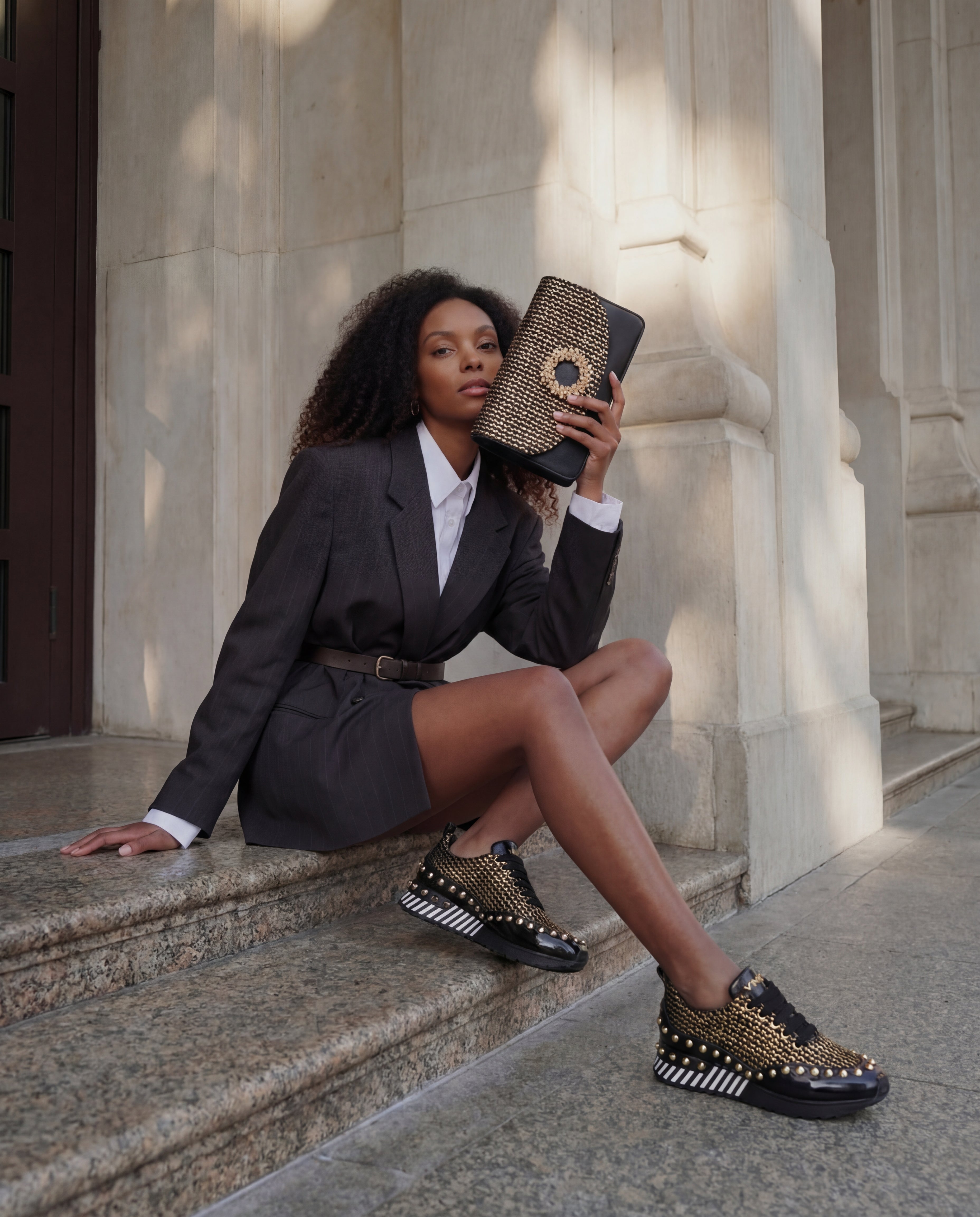 The Aurelia Black Gold Woven Leather Women Sneaker