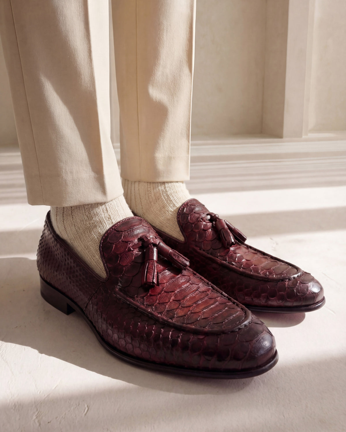 The Bethesda Burgundy Pyhtn Skin Leather Tassel Loafer Men Shoe
