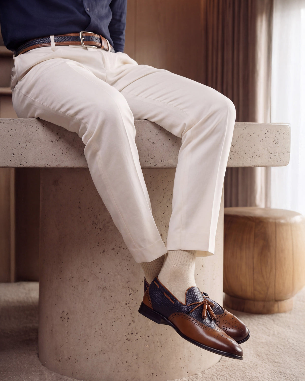 Vinci Leather The Istanbul Tan & Navy Blue Leather Tassel Loafer Men Shoe – product view 19
