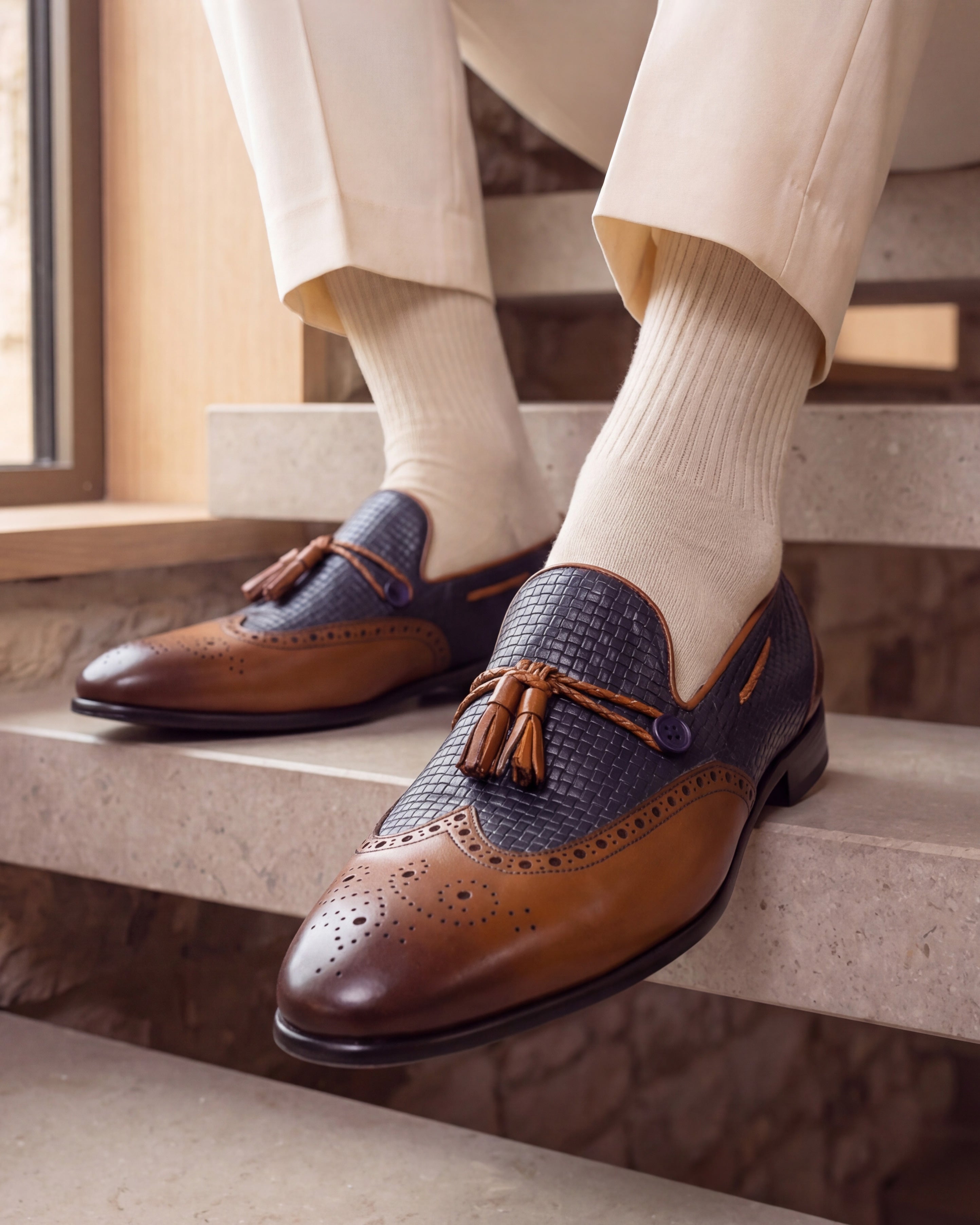 The Istanbul Tan & Navy Blue Leather Tassel Loafer Men Shoe