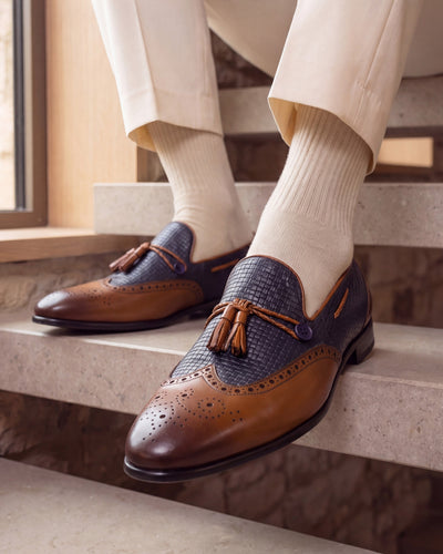 The Istanbul Tan & Navy Blue Leather Tassel Loafer Men Shoe