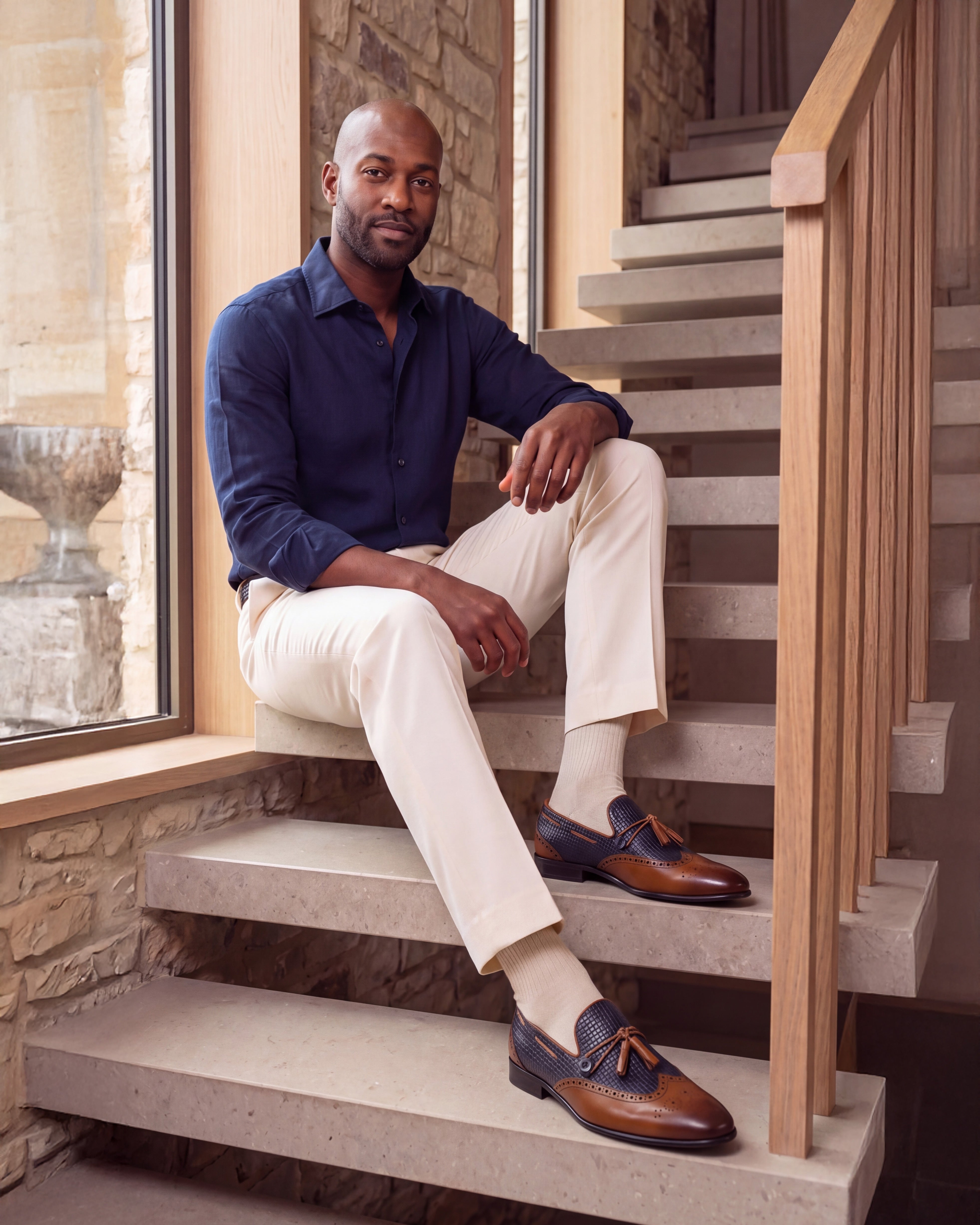 The Istanbul Tan & Navy Blue Leather Tassel Loafer Men Shoe