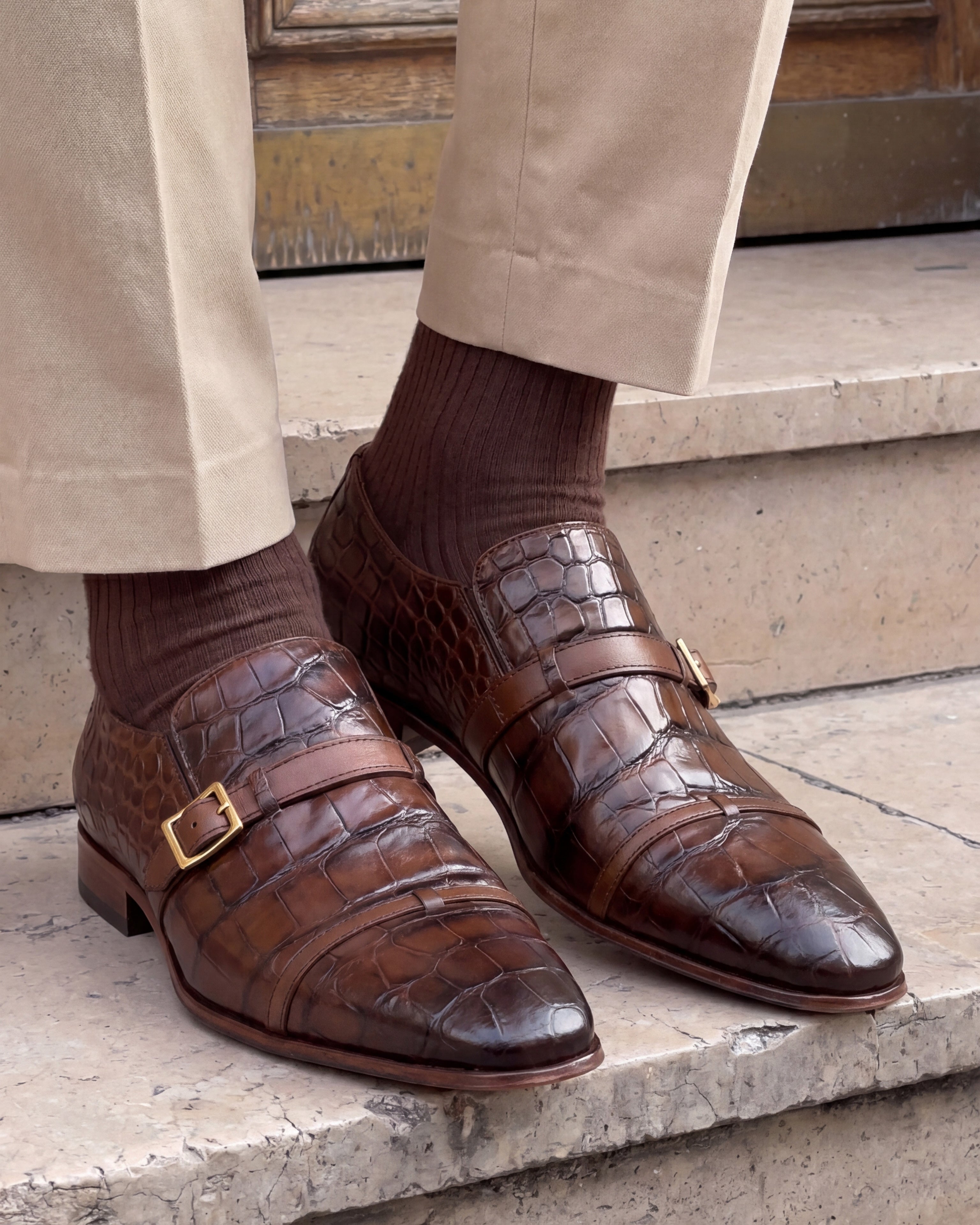 The Strat Single Monk Strap Cap Toe Brown Leather Handmade Men Shoe