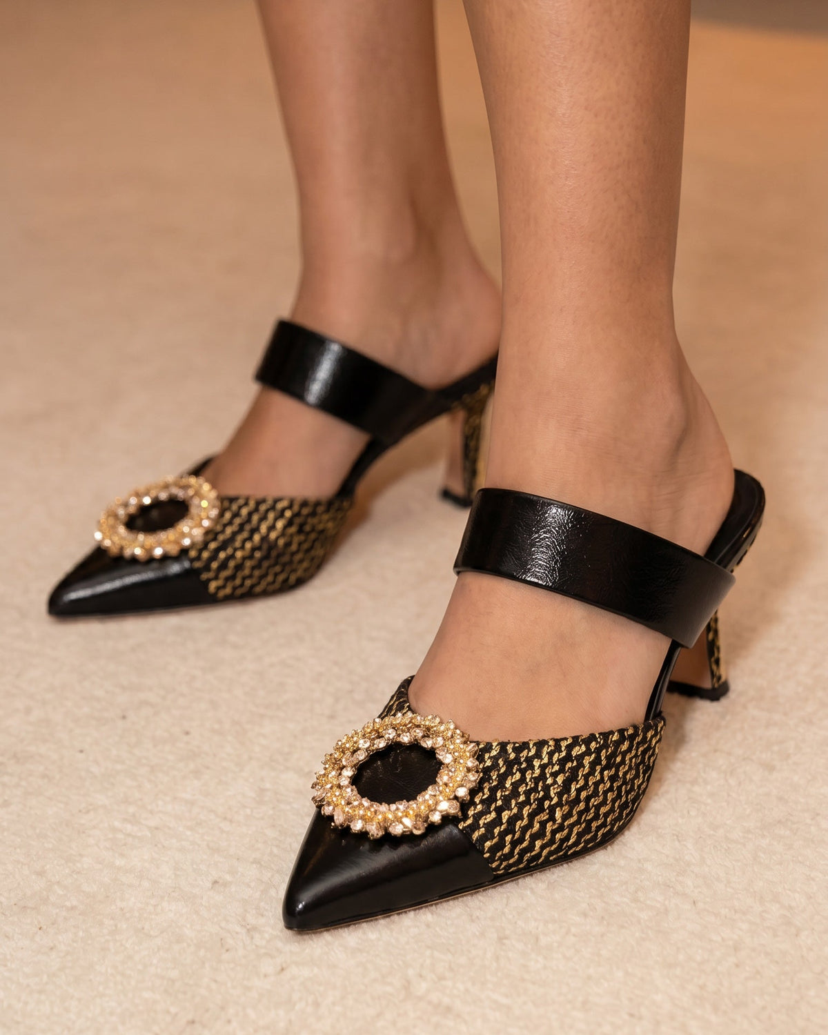 Vinci Leather The Valencia Black & Gold Jewel Heel Women Mule Sandal – product view 8