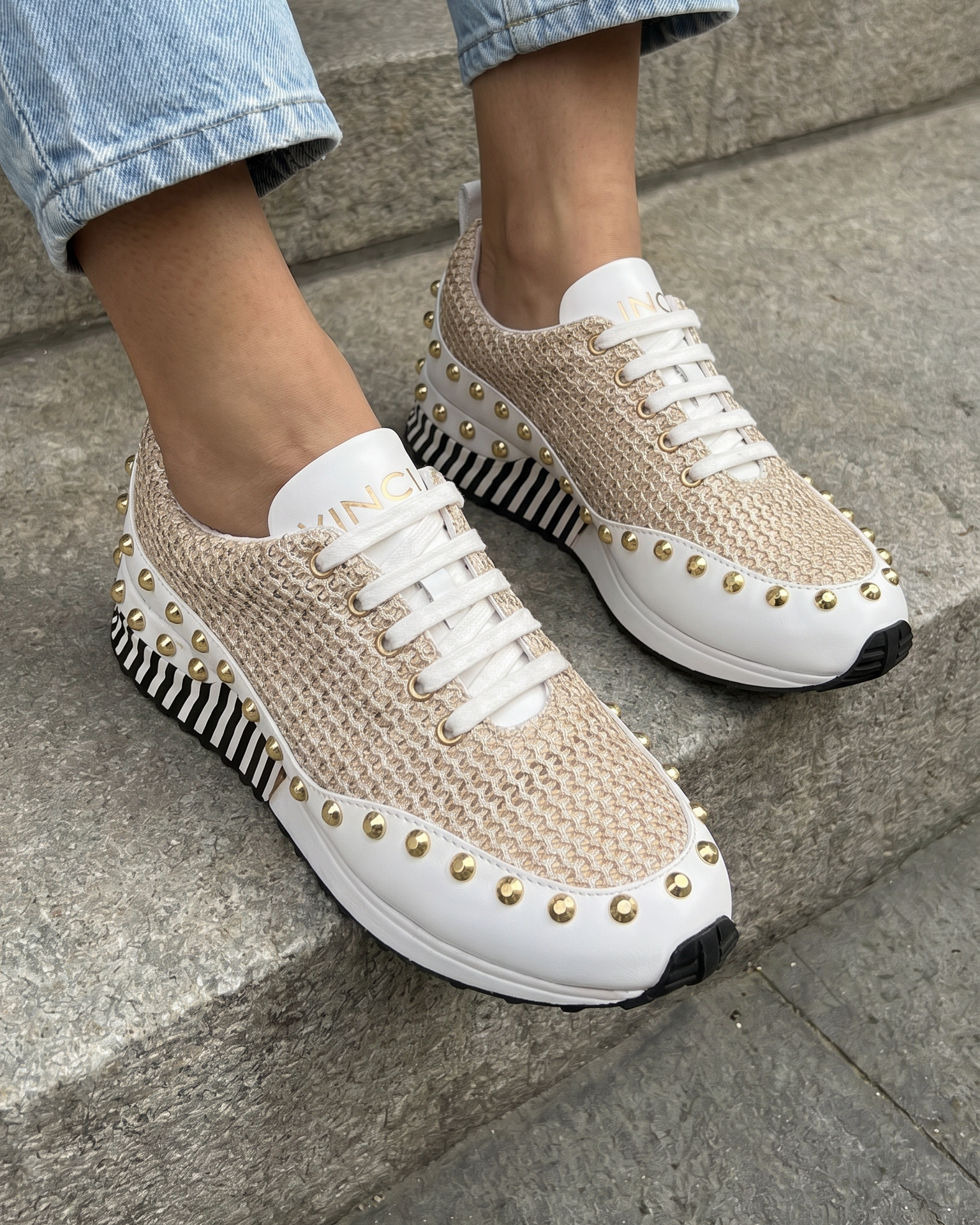 The Aurelia White Gold Woven Leather Women Sneaker