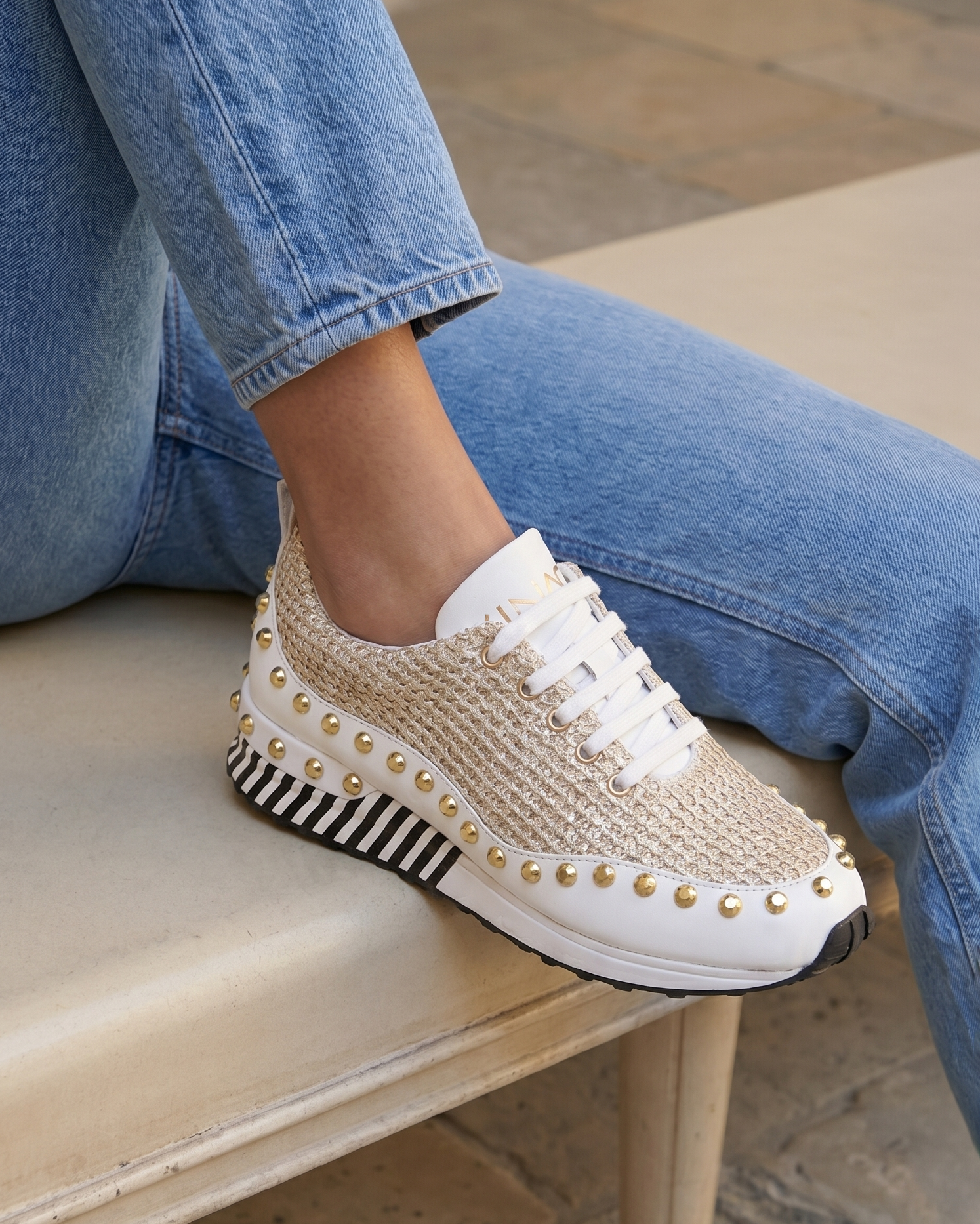 The Aurelia White Gold Woven Leather Women Sneaker