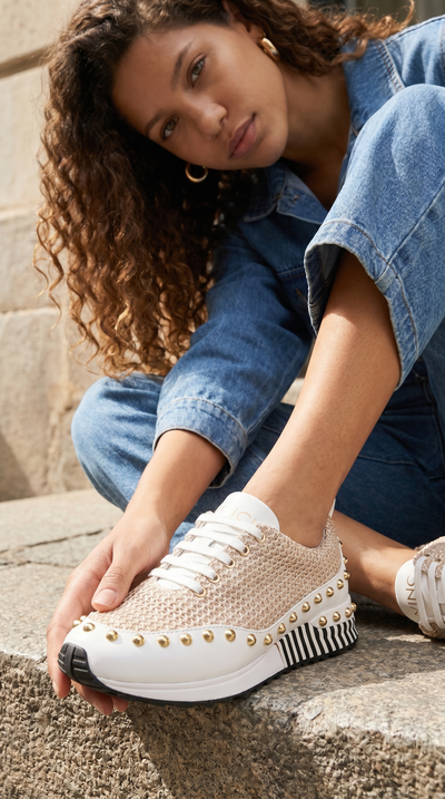 The Aurelia White Gold Woven Leather Women Sneaker