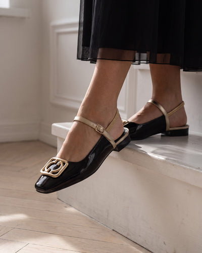 The Rosalinda Black Leather Women Flat Slingback Sandal