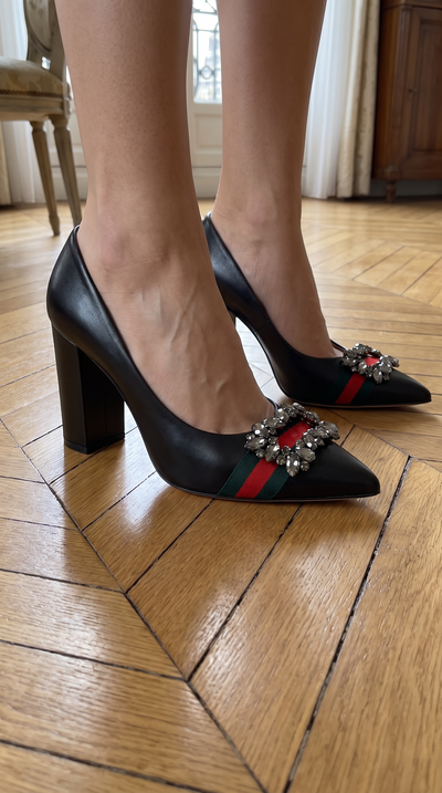 The Afega Black Leather Block Heel Pump Women Shoe