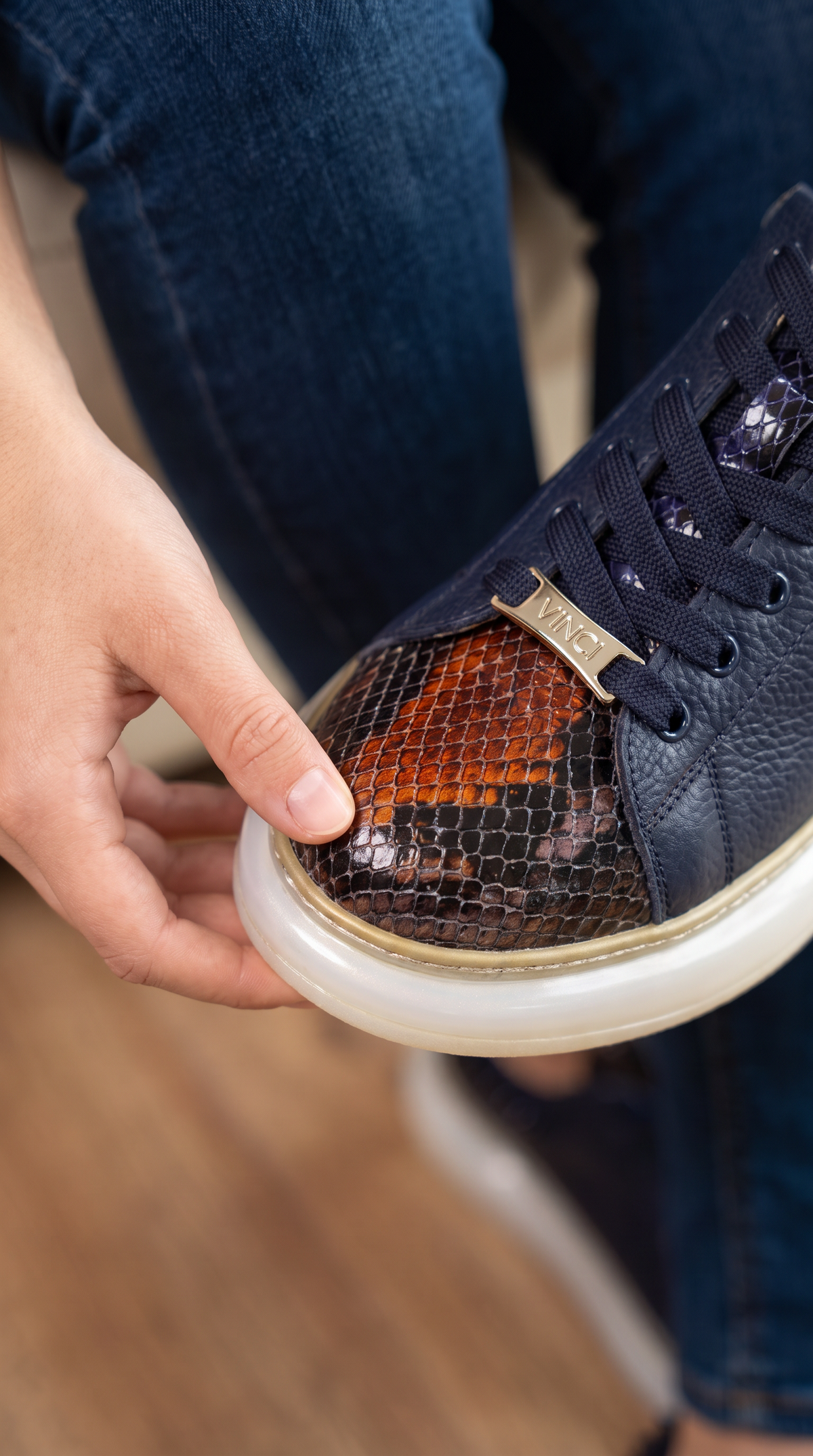 Vinci Leather The Venezia Dark Blue Leather Women Sneaker – product view 7