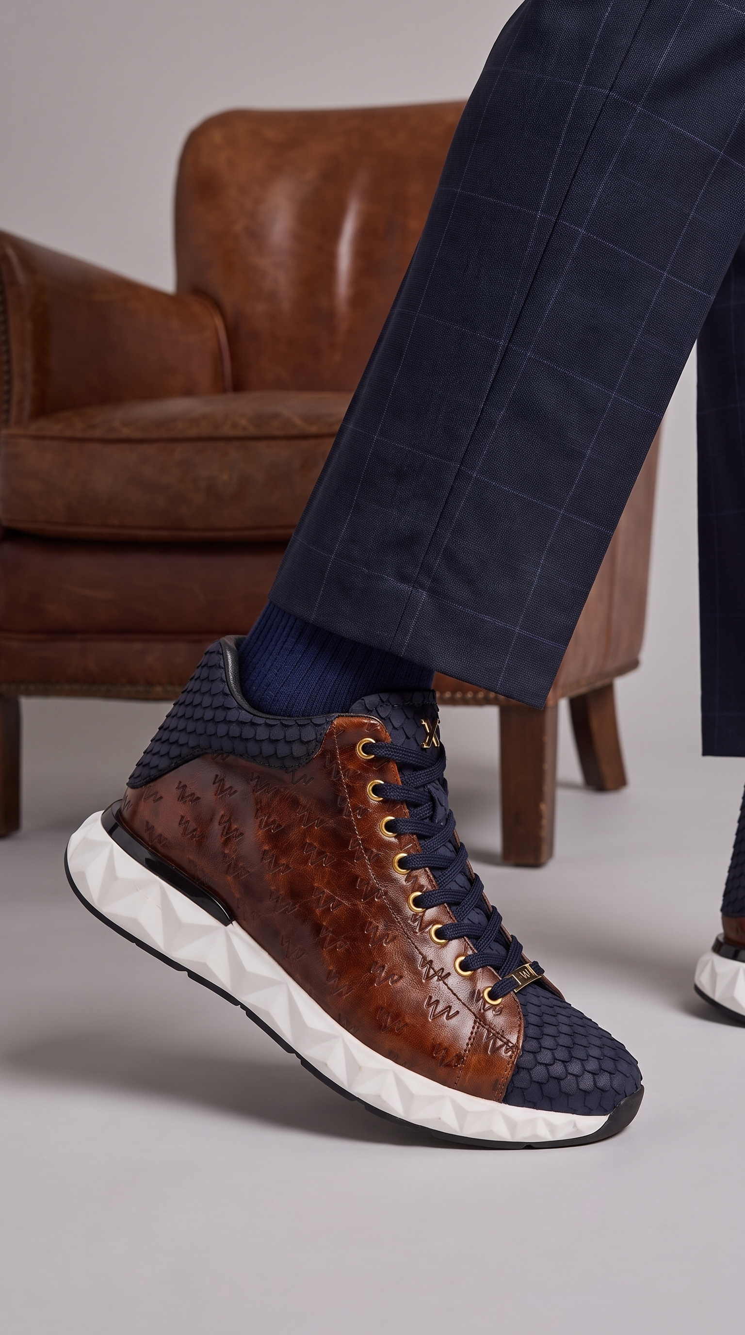 The Caesars Brown & Navy Leather High-Top Men Sneaker