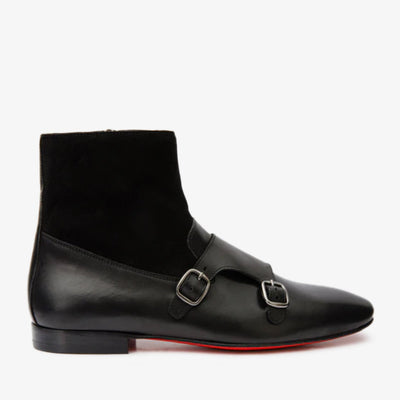 Preston Black Leather & Suede Double Monk Strap Ankle Men Boot