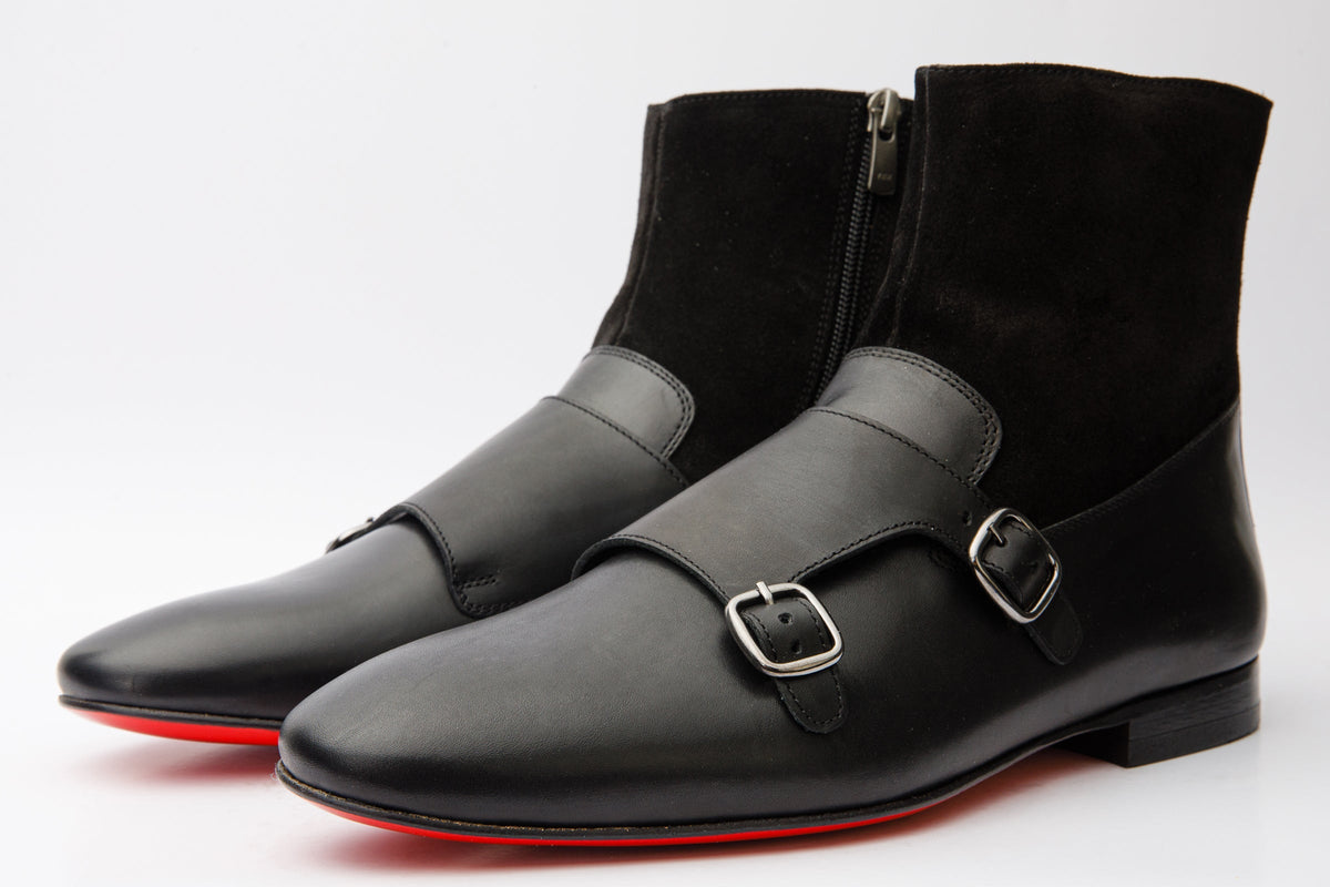 Vinci Leather Preston Black Leather & Suede Double Monk Strap Ankle Men Boot – product view 2